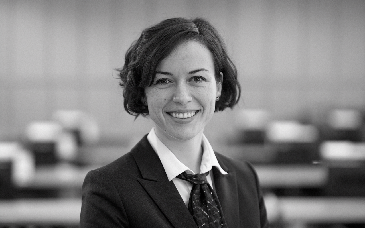 Smiling young woman in a classy suite looking directly at the camera black and white photo. She has short brown hair and brown eyes.
