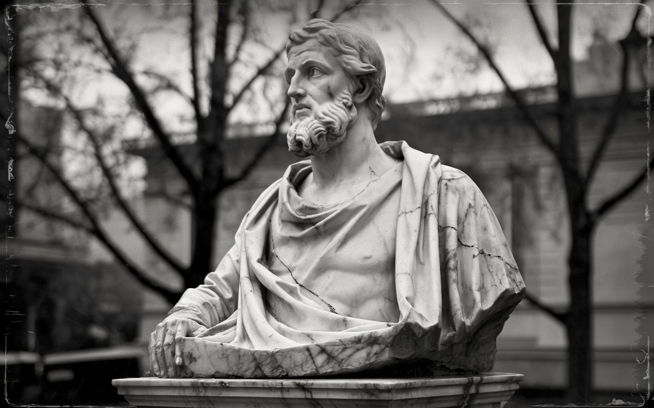 Bust of a roman statue in a park.