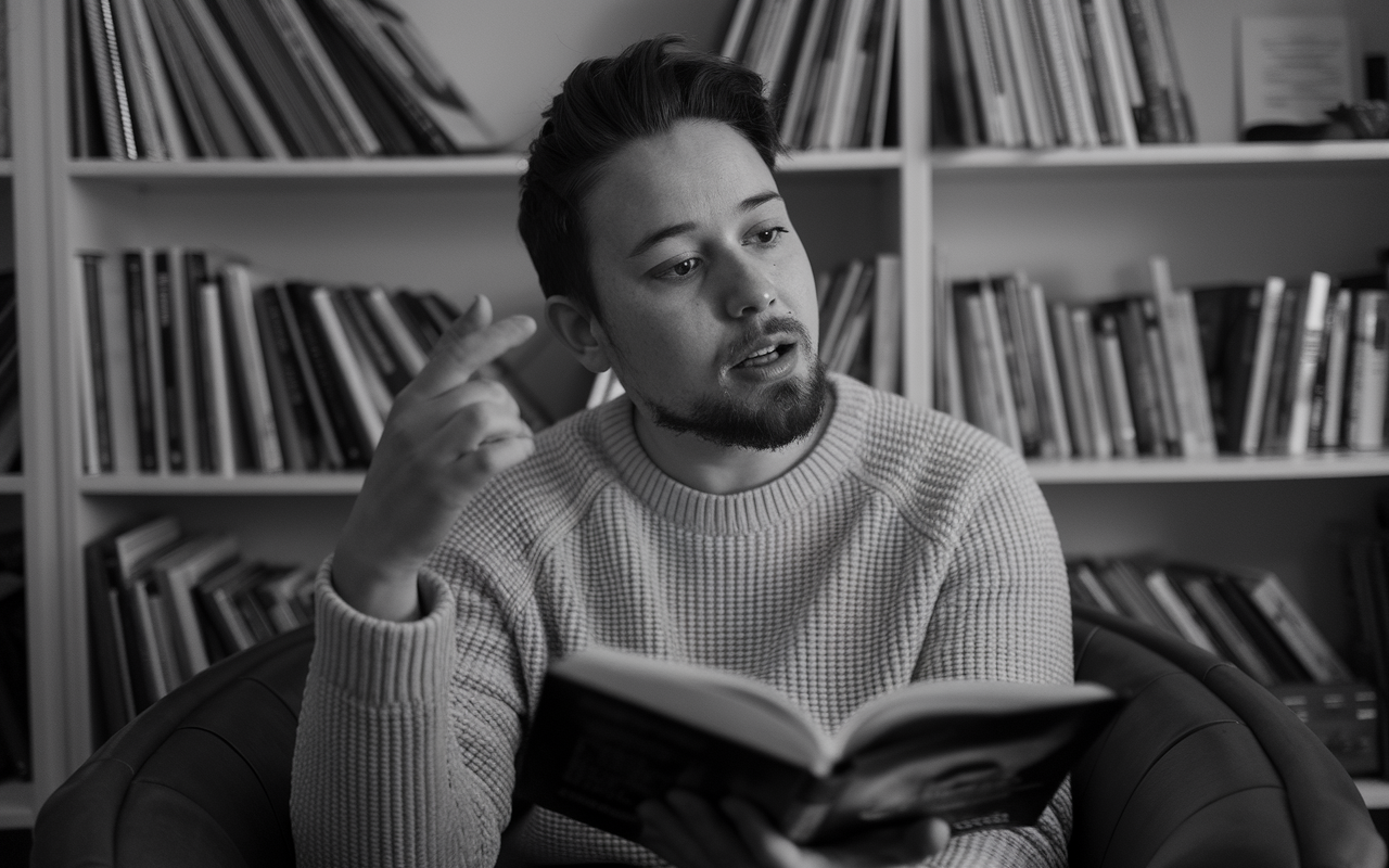 Black and white photo of a man reading a book out loud.