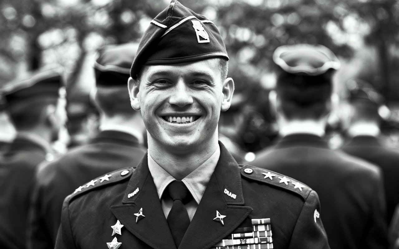Black and white photo of a smiling soldier in uniform looking directly at the camera.