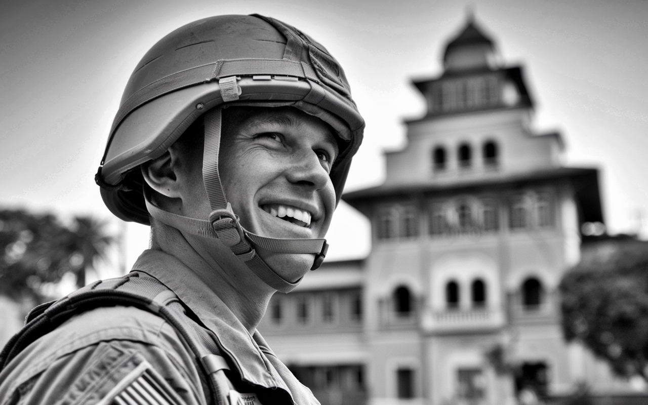 Black and white photo of an army solider in a helmet smiling.