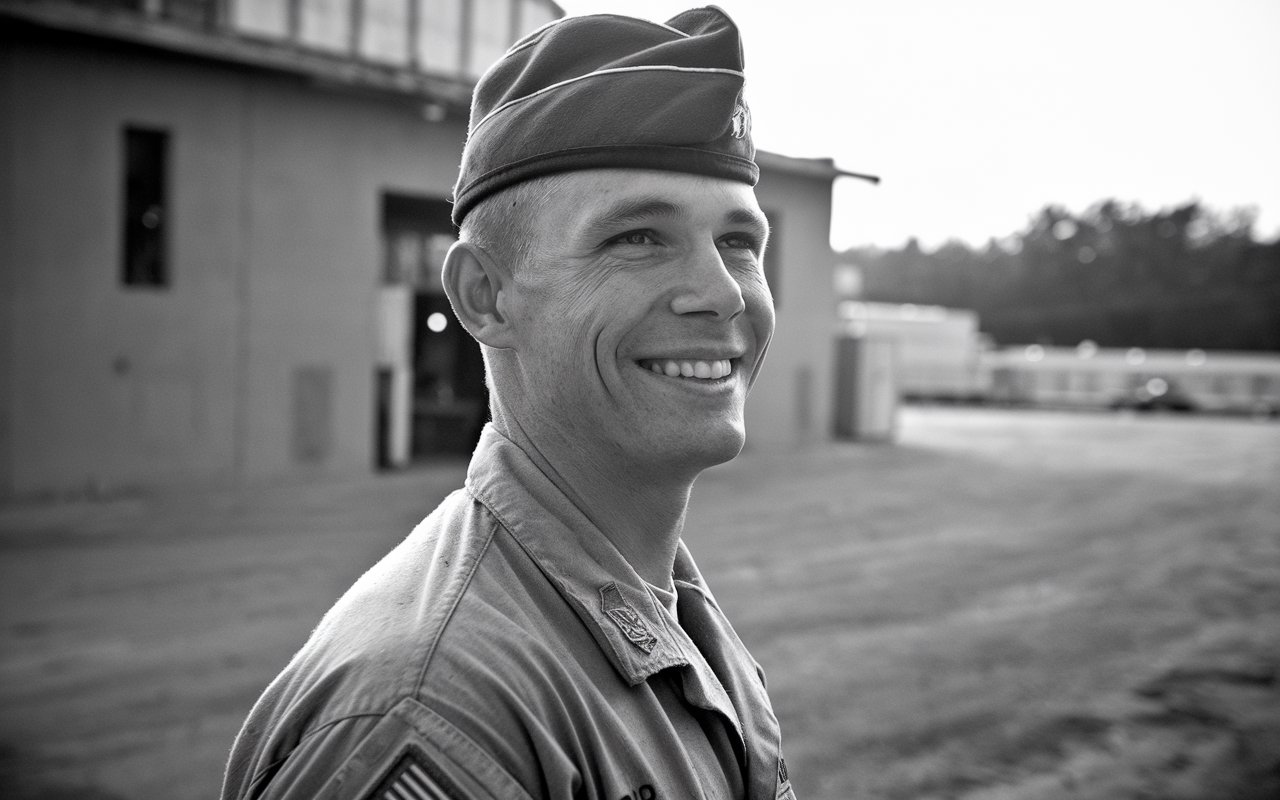 Army recruit smiling at the camera black and white photo.