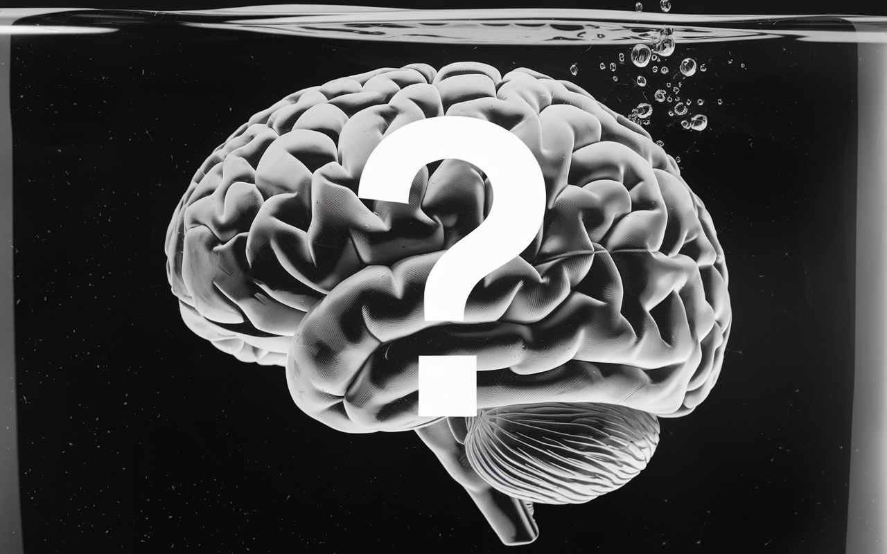 Black and white photo of a brain in liquid with a question mark on it.