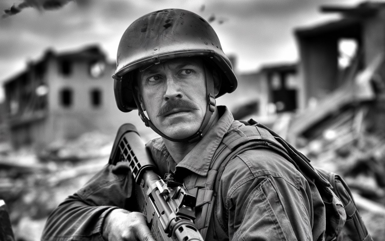 Black and white photo of a solider in a helmet holding a rifle in a combat zone.