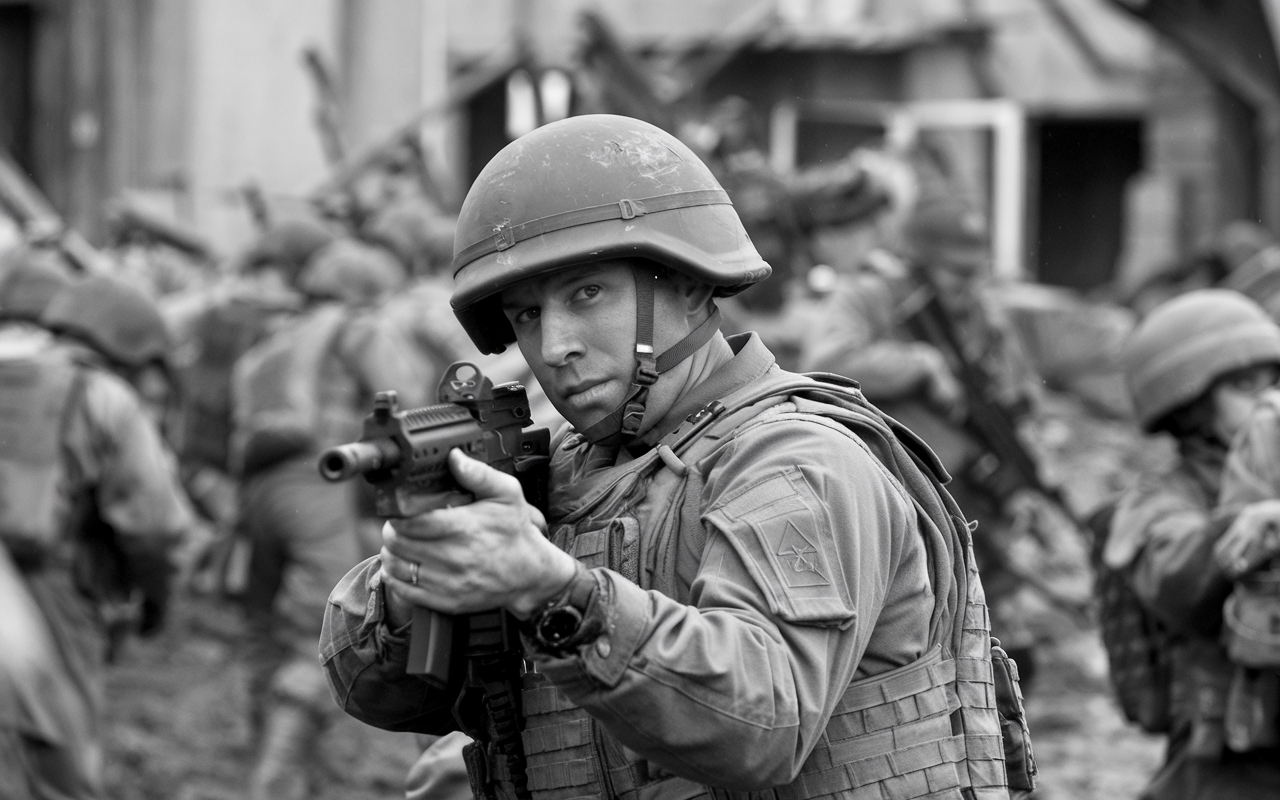 Soldier pointing a gun at the camera in full combat gear. Black and White Photo.