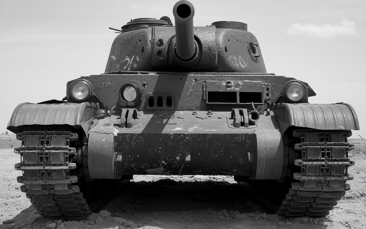 Black and White Photo of an old tank pointing its barrel at the camera