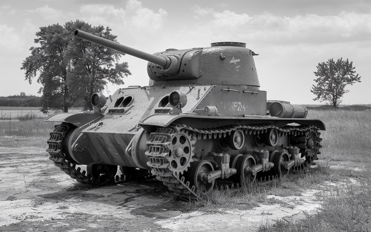 Black and white photo of an old broken down tank in the field.