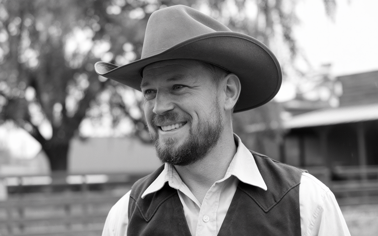 black and white photo of a man in a cowboy hat with a beard smiling he is wearing a white shirt and a dark vest.