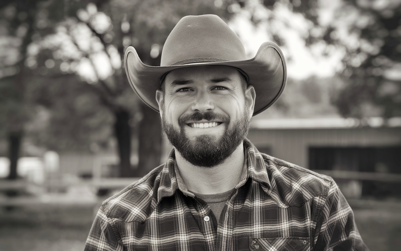 Black and white photo of a cowboy smiling at the camera. He has white teeth a beard, brown cowboy hat and a flannel shirt.
