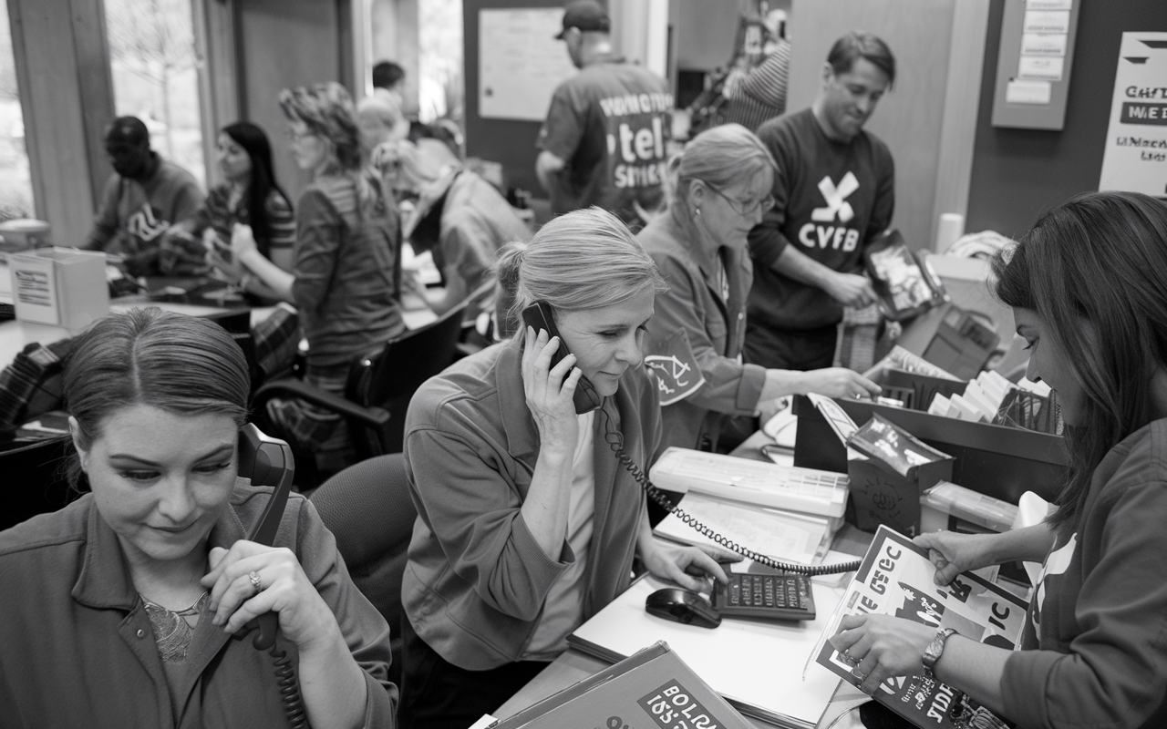 Campaign workers. Making phone calls to voters in a phone bank.