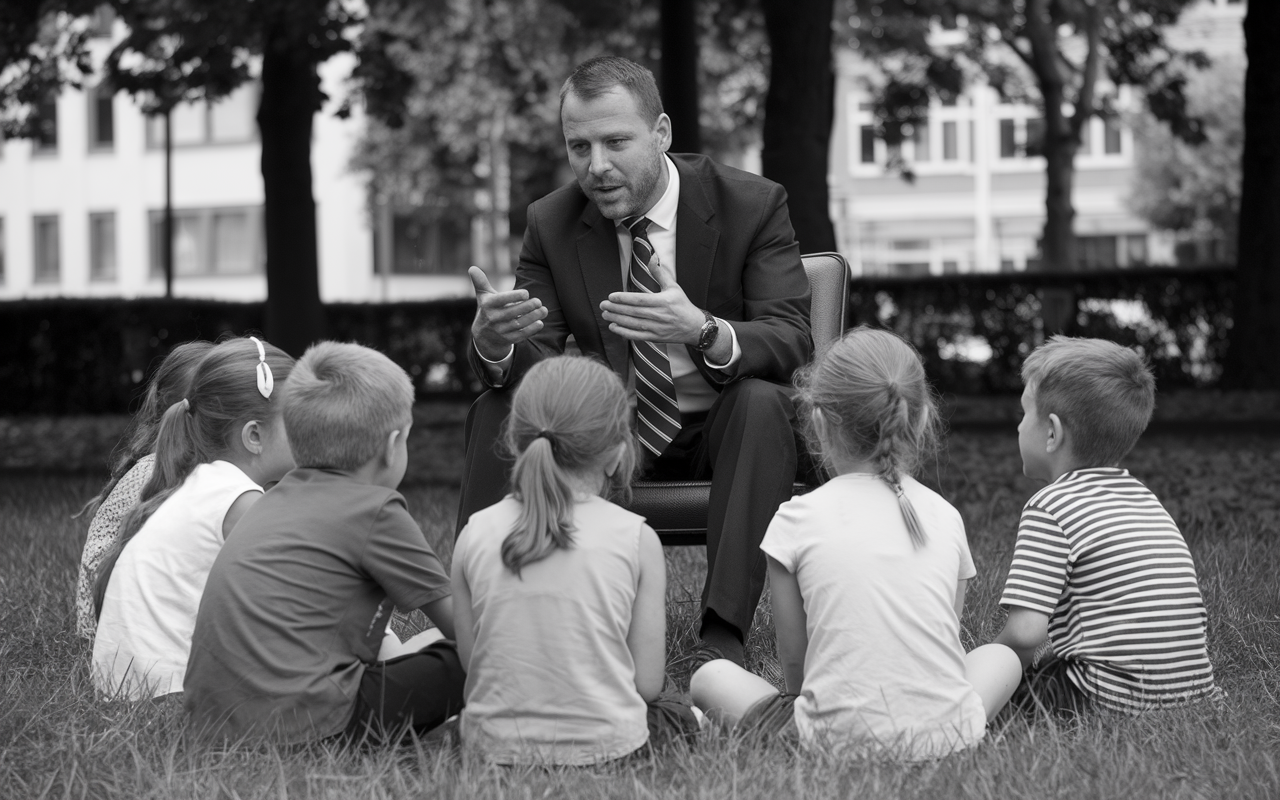 Black and white photo of man in a suit telling stories to little kids