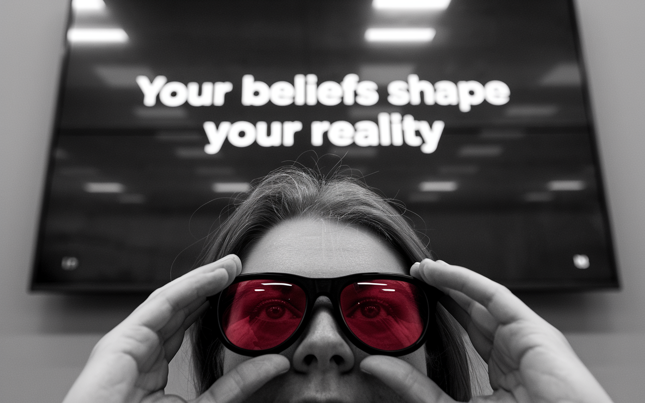 Black and white photo a person holding red glasses to their face. The words Your beliefs shape your reality are displayed on a Tv screen behind them.