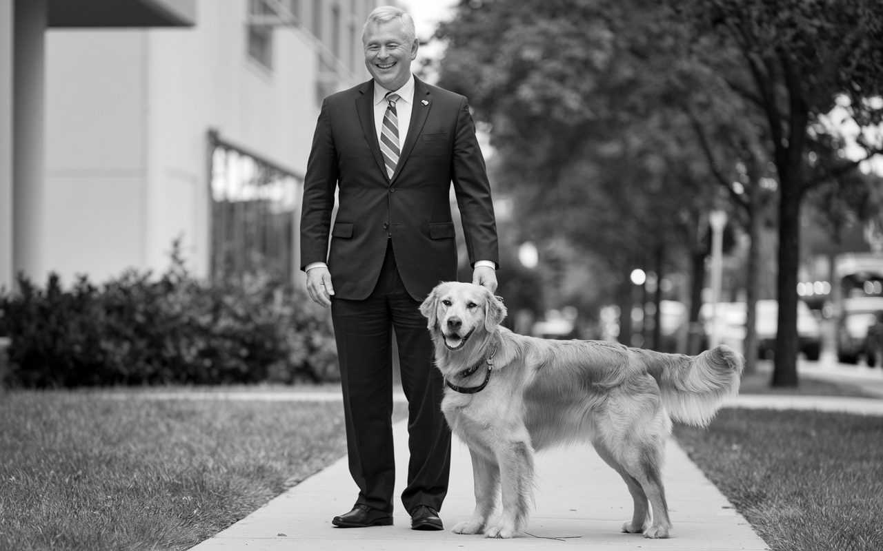 A black and white photo of man in suit with his golden retriever dog.