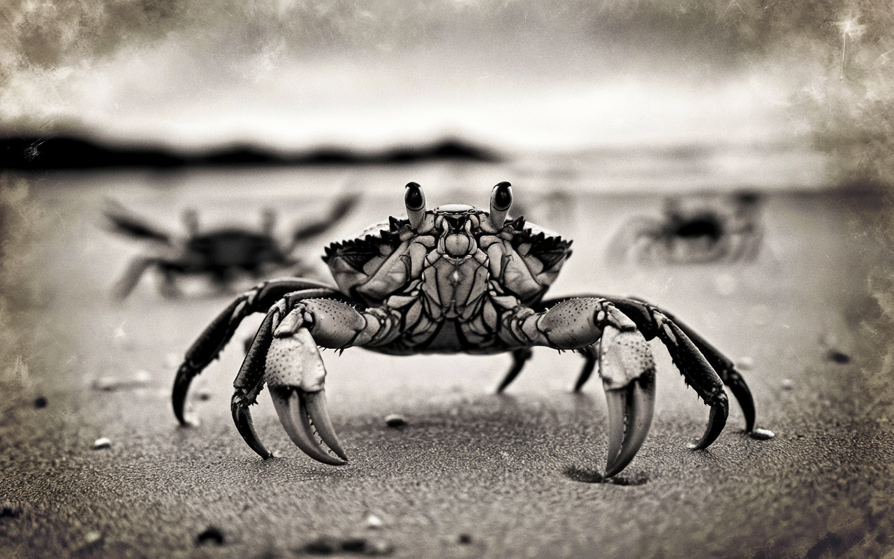 Black and white photo of a crab walking on the beach.