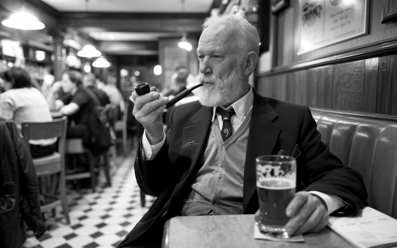 Black and white photo of an old man with a white beard smoking a pipe and having a drink at a pub.