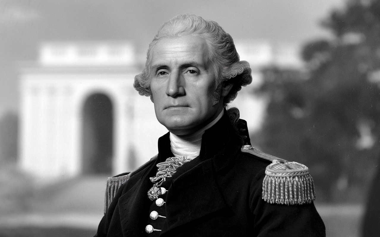 A black and white portrait of George Washington photo realistic.