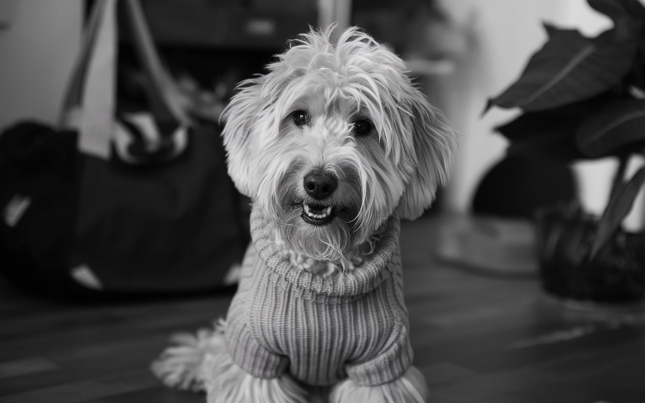 Golden doodle puppy in a sweater looking up at the camera with love.