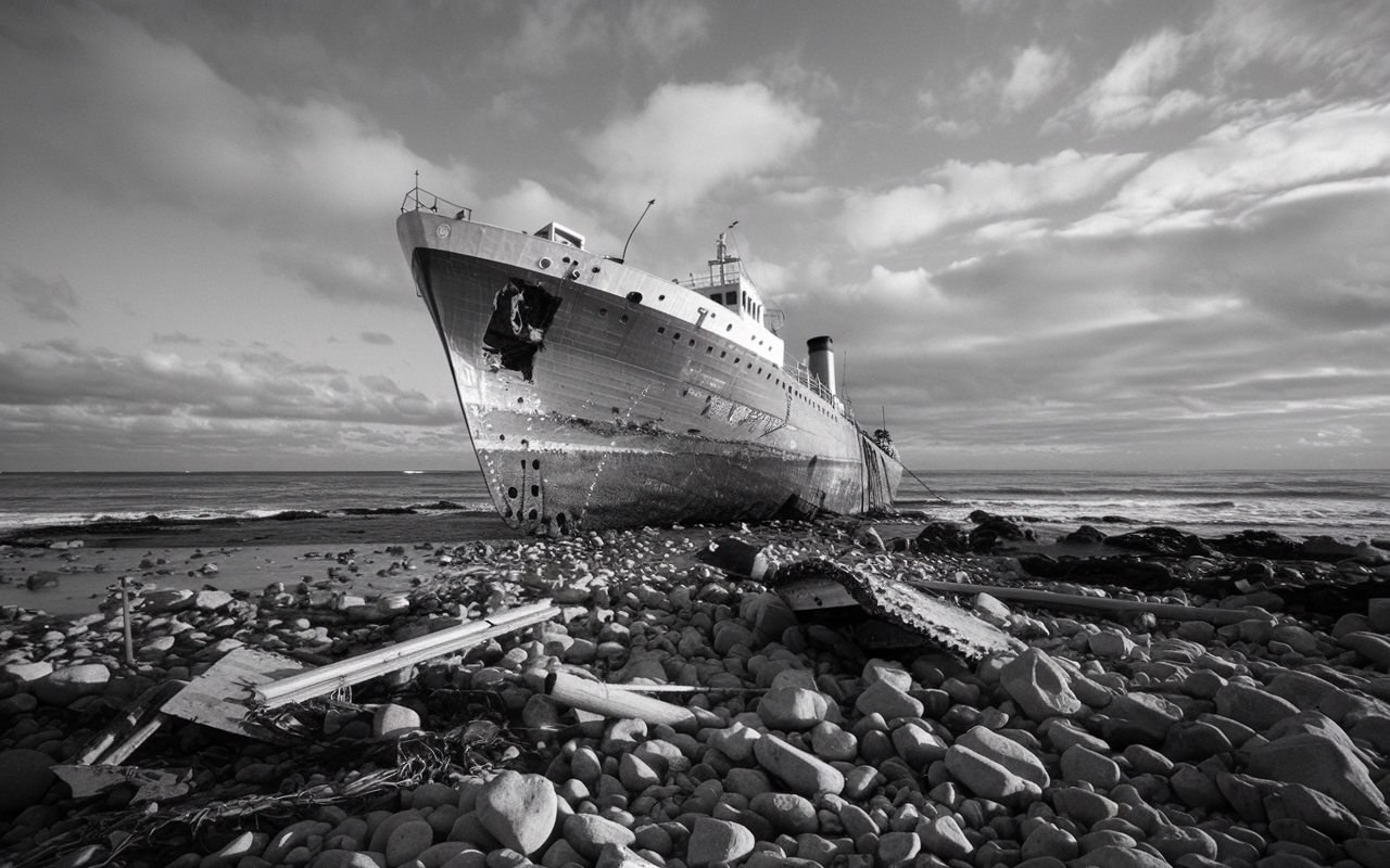 Black and white photo of a ship wreck on the beach with a whole in the side.