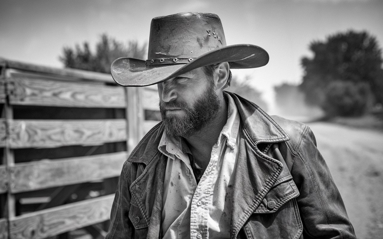 Black and white photo of grumpy cowboy in a leather coat in the desert walking towards the cow pens.