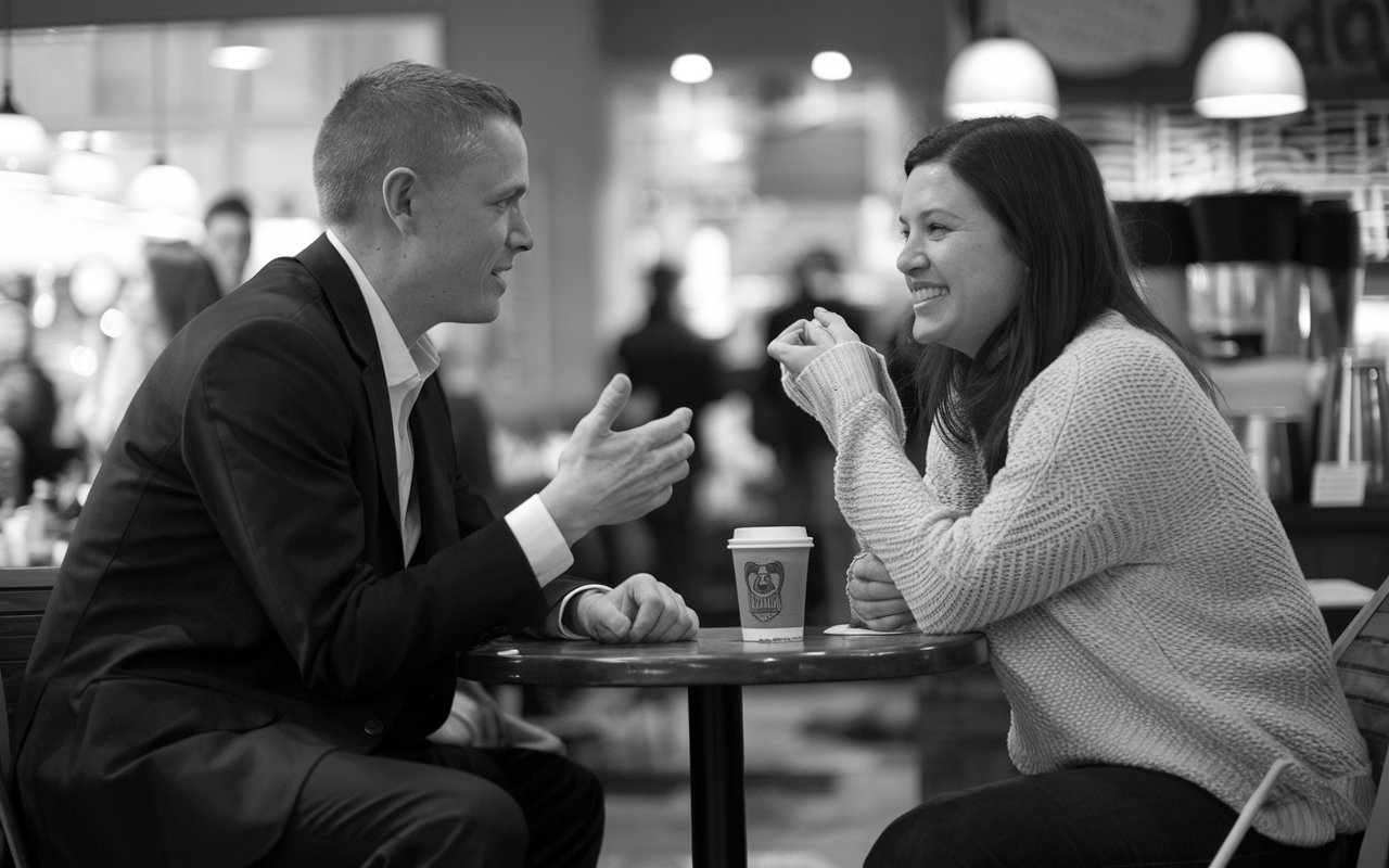 Black and white photo of a candidate having coffee with a voter.