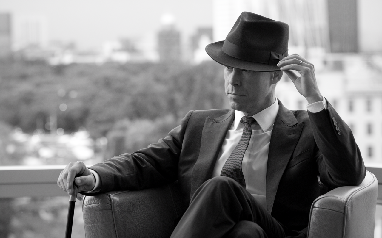Black and white photo of a man in hat seated with a suit and tie.