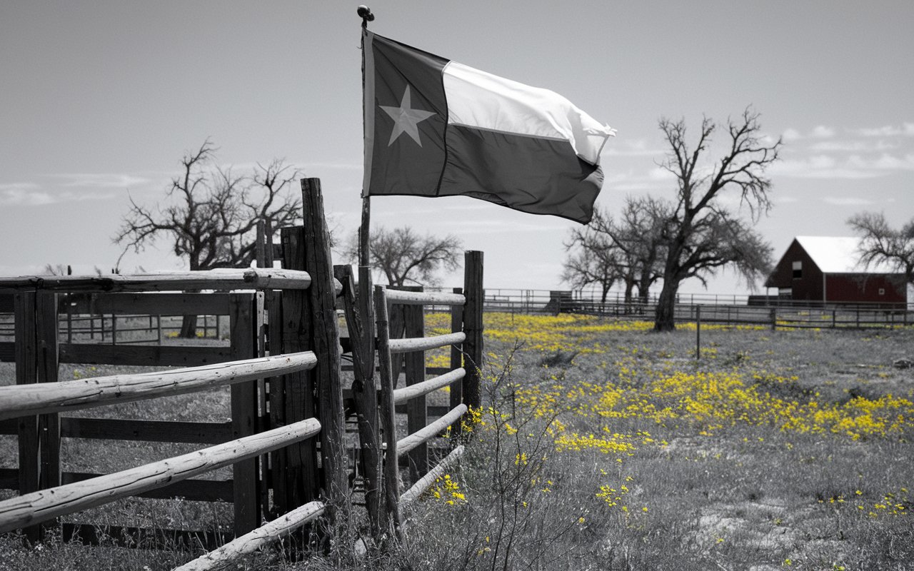 Black and white photo of the Texas flag on a cattle ranch.