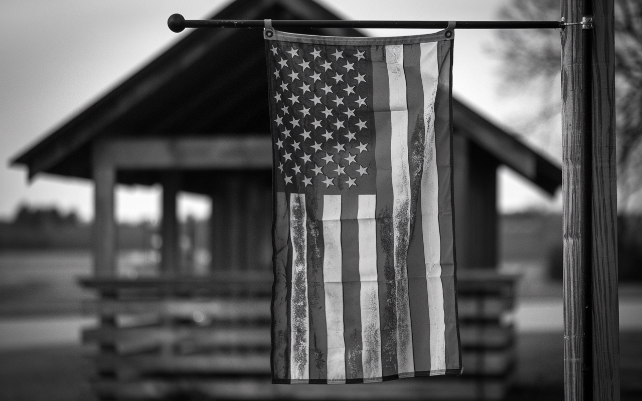 Black and white photo of an American flag draping on a porch.