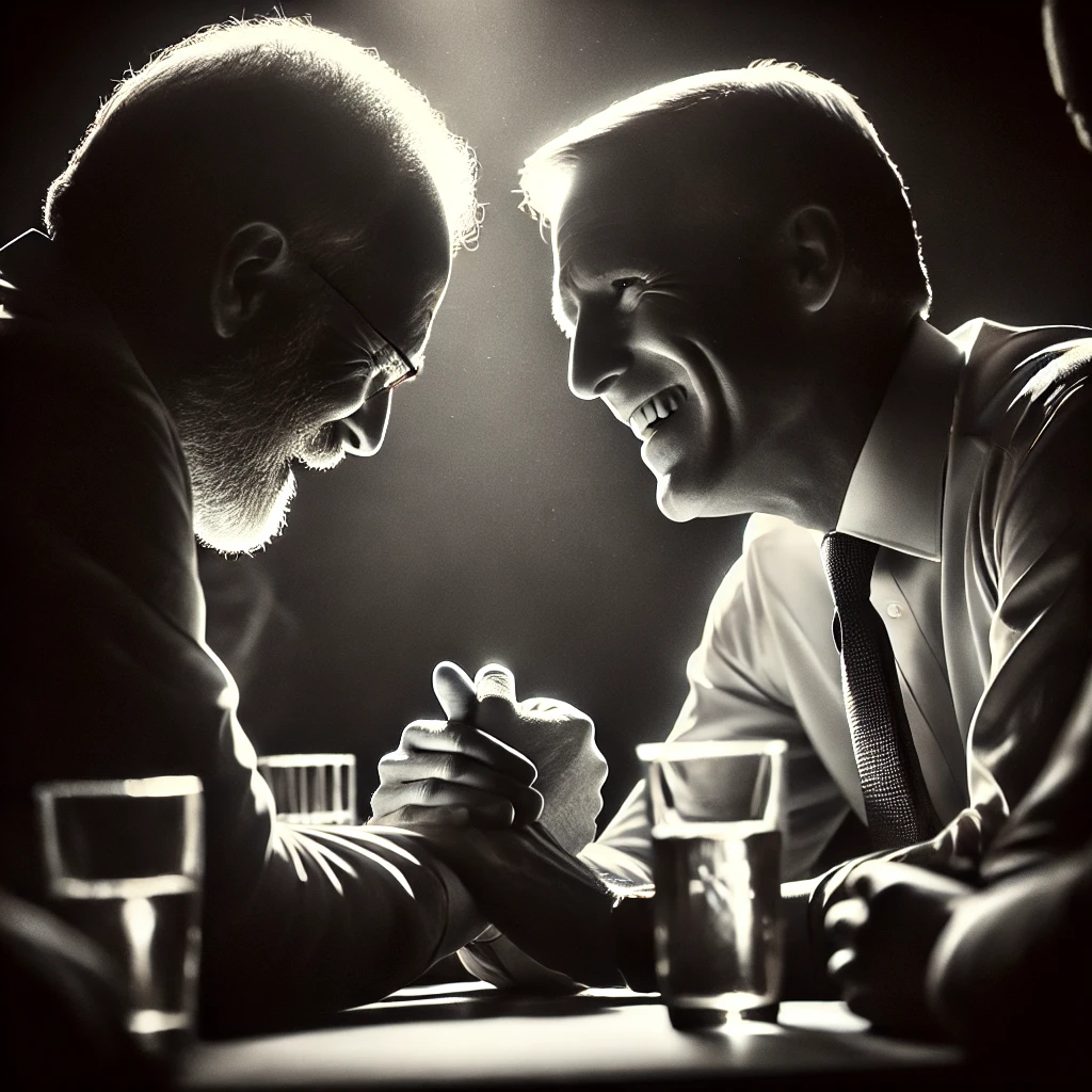 Black and white stylized drawing of two men at a bar. They are political opponents one is older male with a beard and the other is younger and clean shaven.