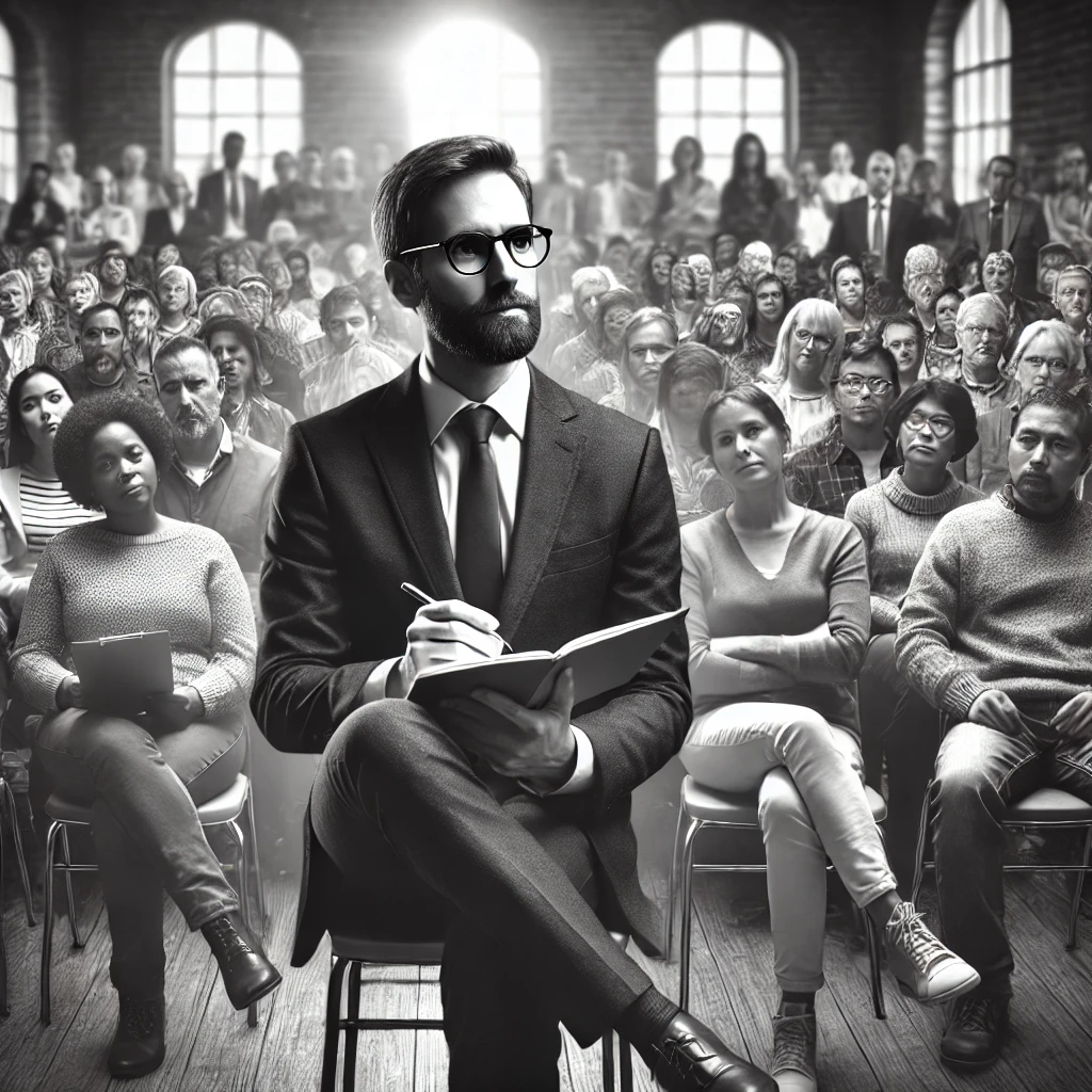 Black and white stylized photo of a man with a beard and glasses sitting cross legged. in front of a large diverse crowd.
