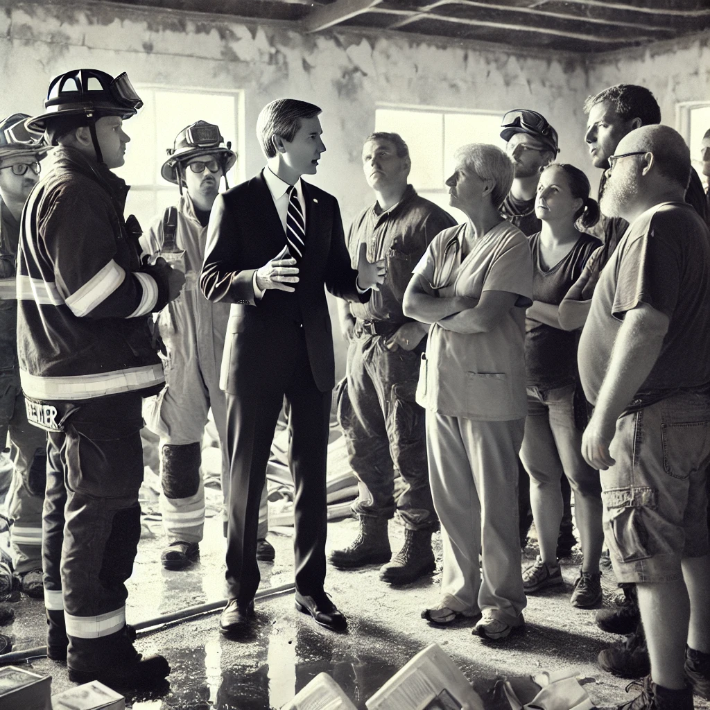 Black and white stylized photo of a candidate talking to a group of voters including fireman, doctors and citizens