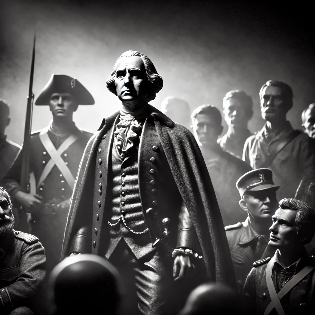 black and white drawing of George Washington surrounded buy soldiers.