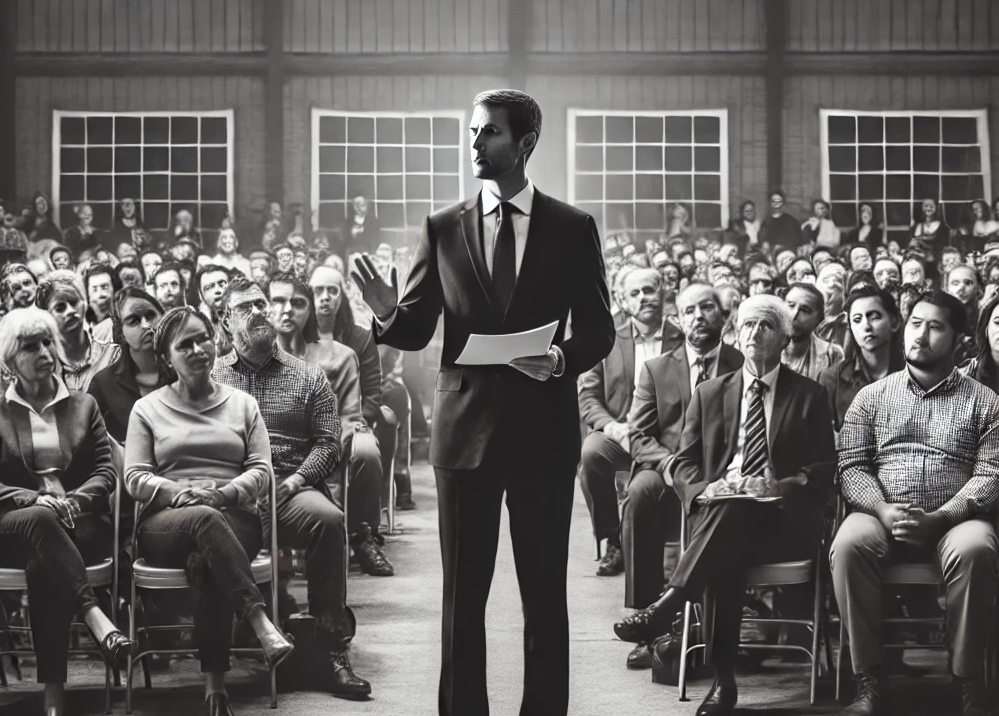 Black and white drawing of a candidate talking to a crowd of people