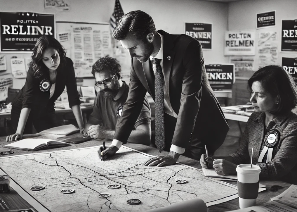 Campaign head quarters. Four people study a map of the geographical area.