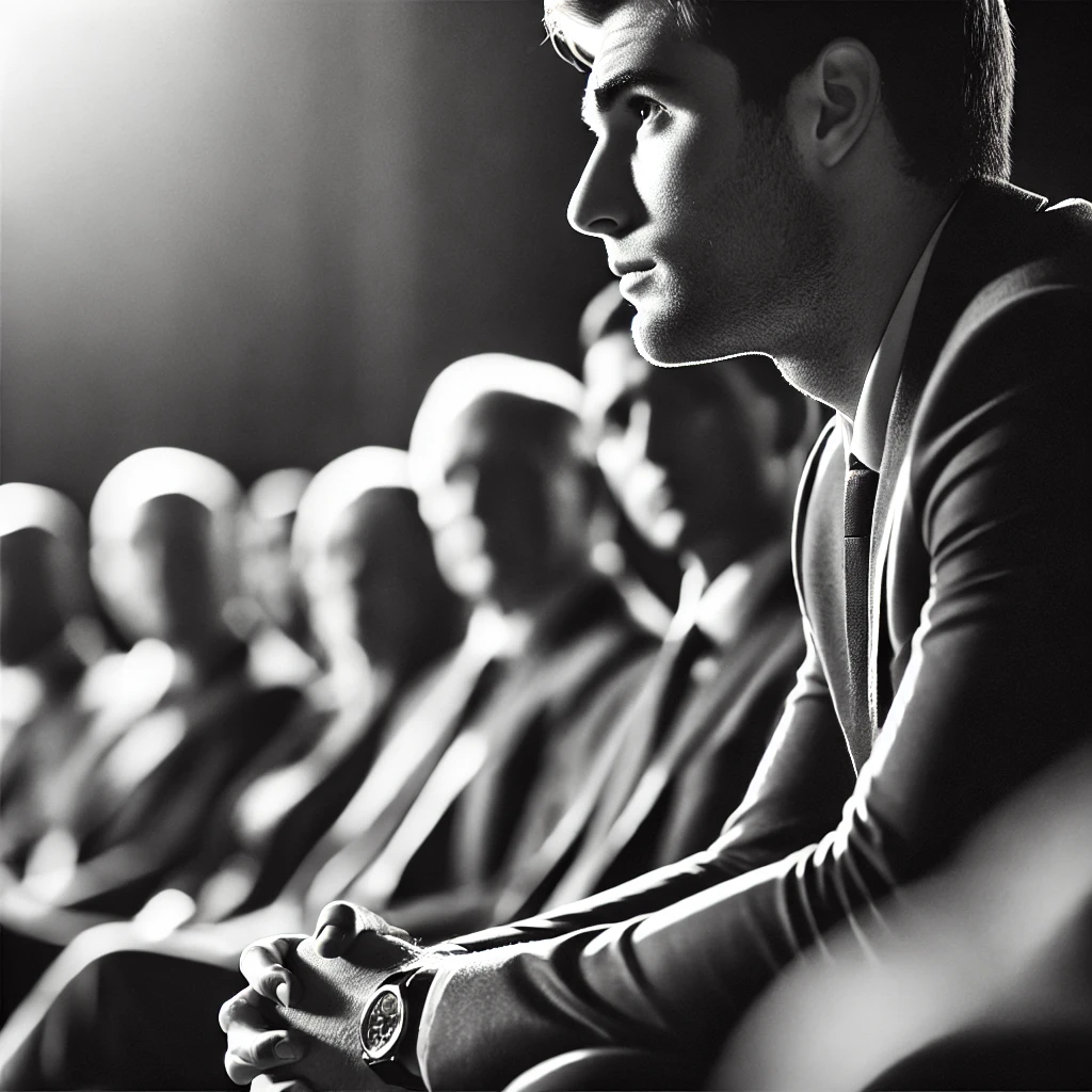 Stylized black and white photo of a young man seated in a suite with a group of other men blurred in the background