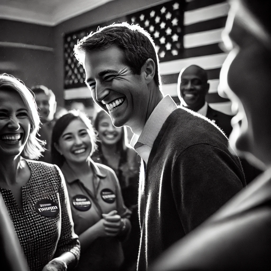 Stylized black and white photo of a candidate talking to voters with an american flag in the background.