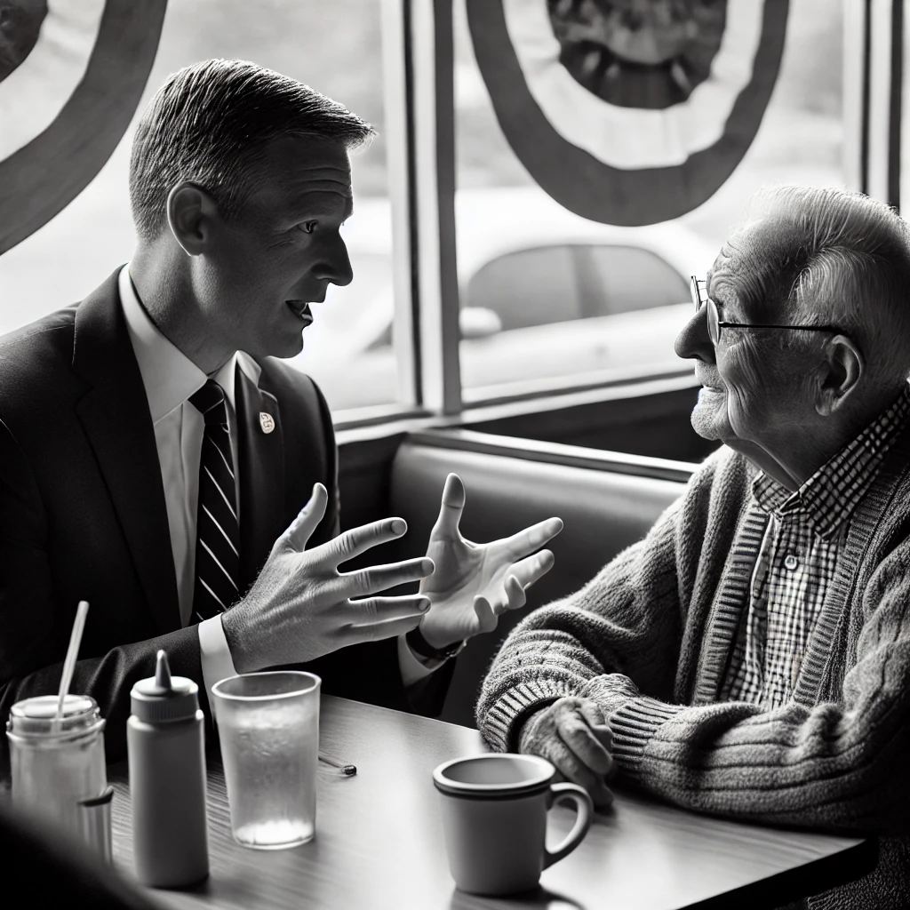 Black and white stylized photo of a candidate talking to a senior citizen