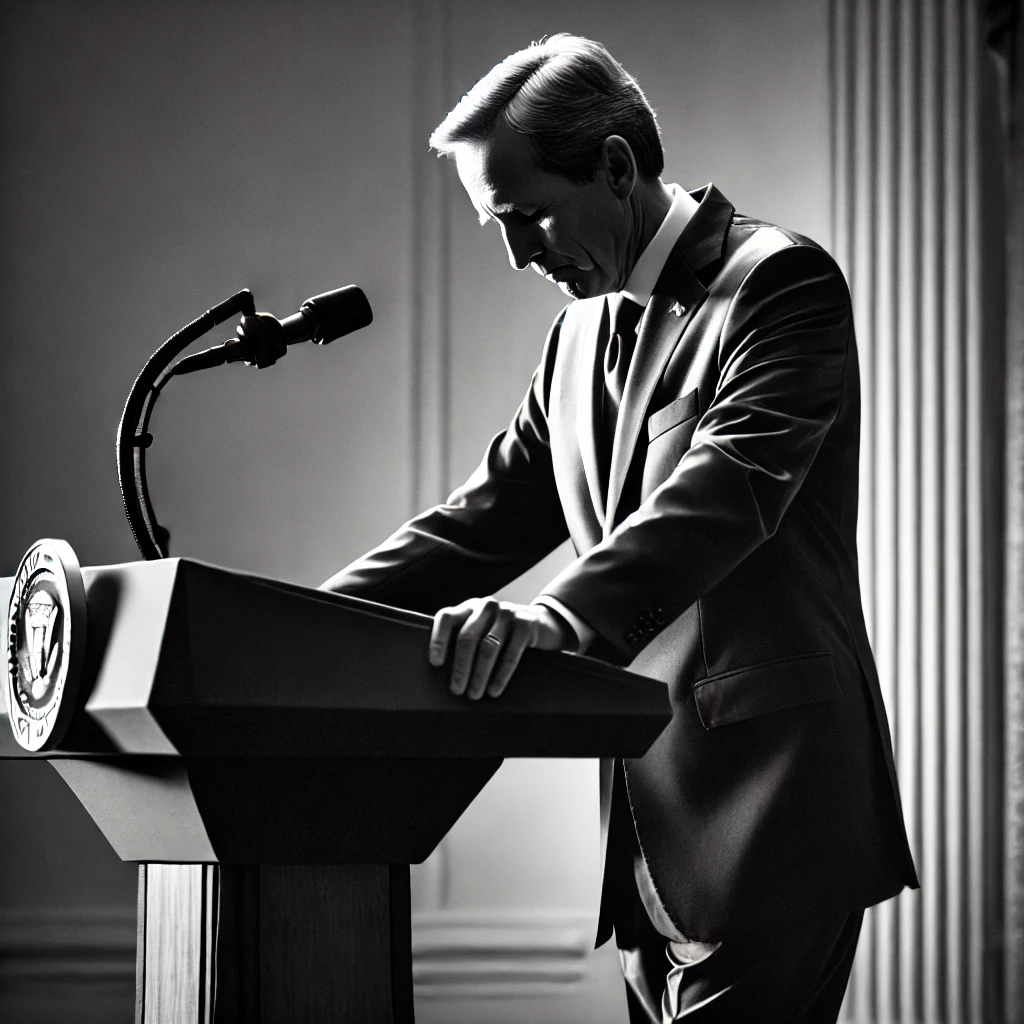Black and white stylized photo of a Candidate with his head down standing at a podium.