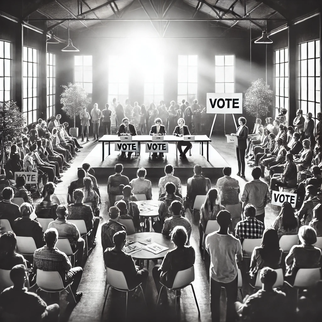 Local hall filled with voters and people looking at the vote count