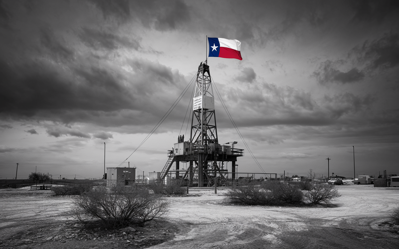 Black and White photo of an old oil rig in Texas with a new colorized Texas flag on top of it.