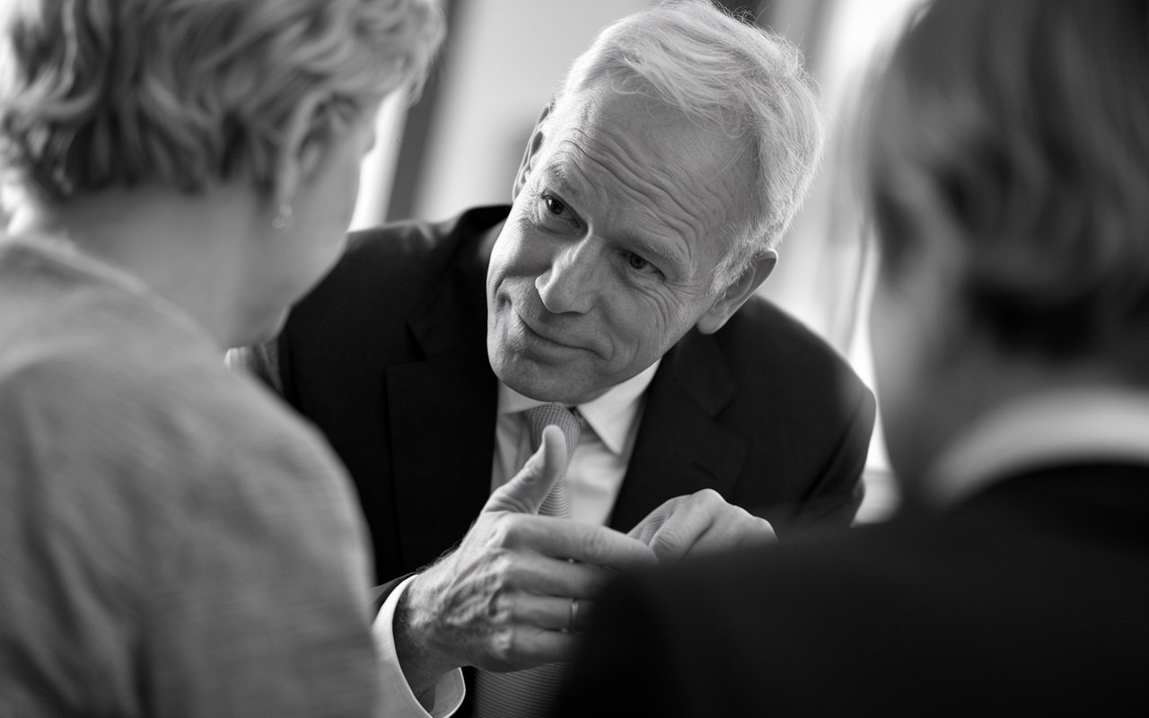Black and white photo of a man talking to voters.