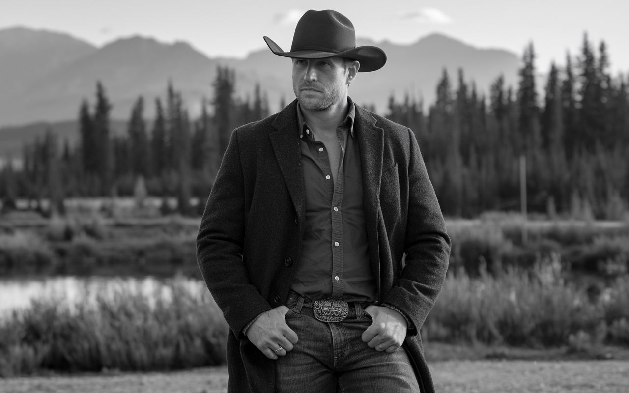 Black and white photo of a cowboy in a black hat wearing a long coat in the mountains wearing a big belt buckle.