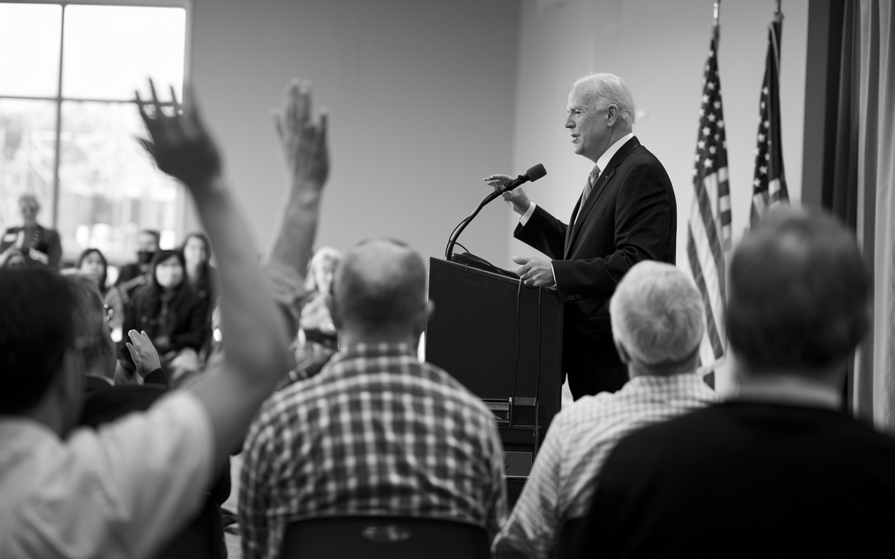 Black and white photo of a politician taking questions from a group