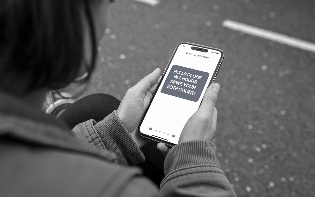Black and white photo of phone saying that polls close in 2 hours make your vote count.