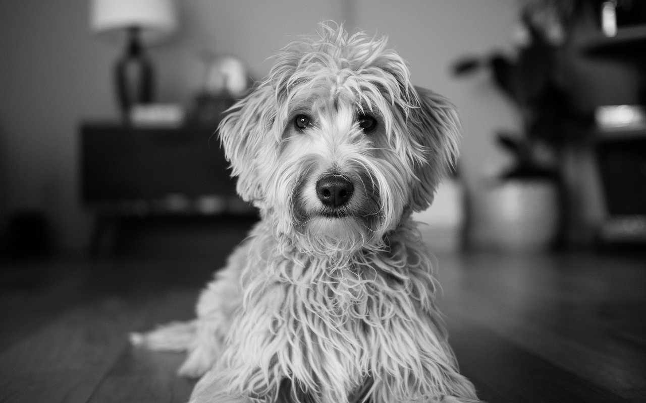 Black and white photo of a golden doodle puppy laying down looking at the camera in a living room with wood floors.
