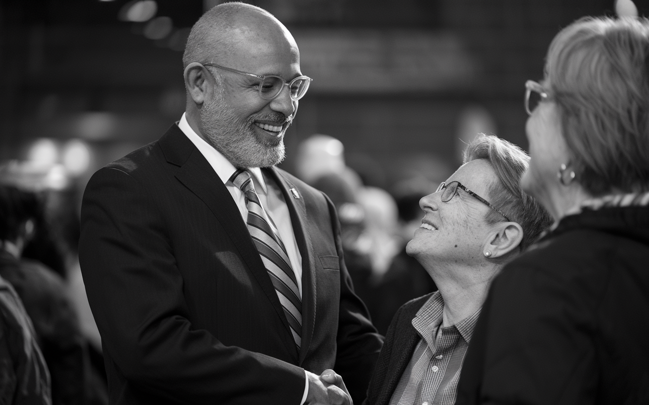 Black and white photo of a black American politician shaking hands with two female supporters.