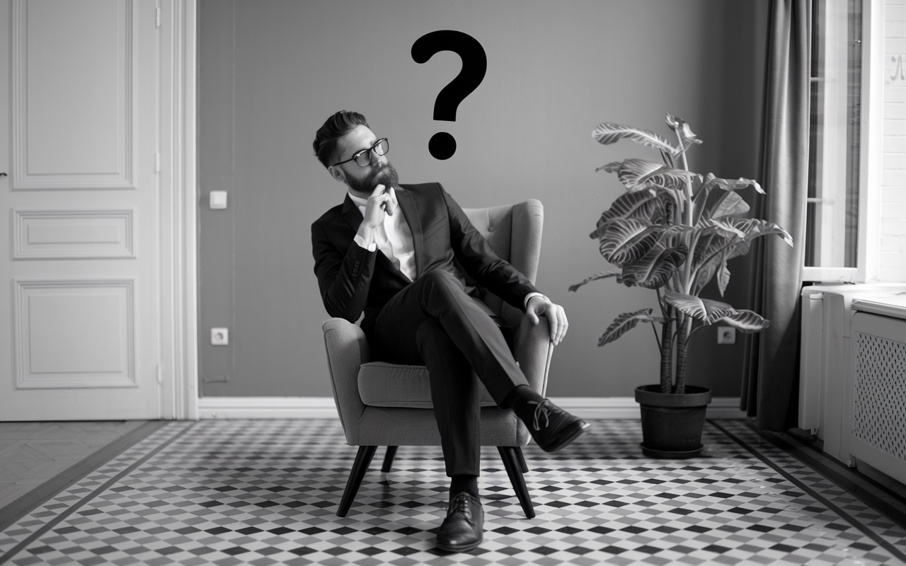 Black and white photo of a man sitting in a chair with a ? floating above him to the right.