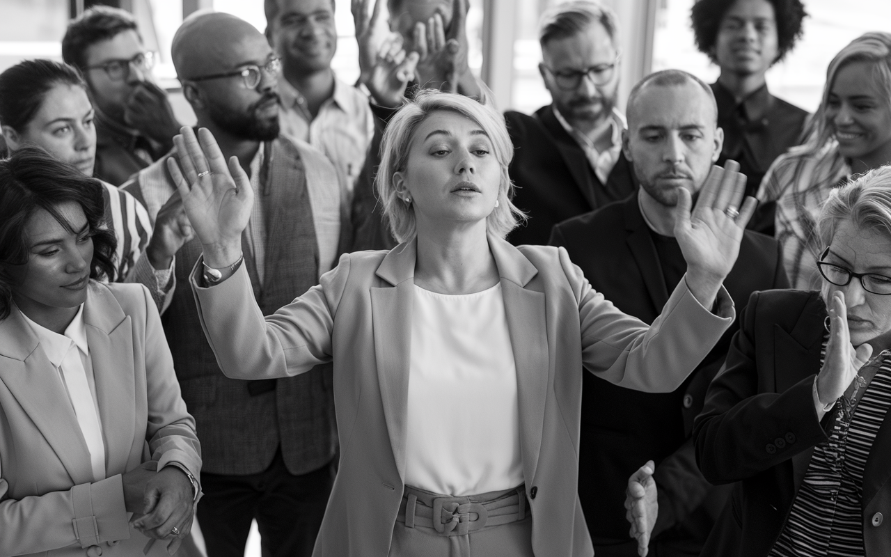 Black and white photo of a woman leading a group with her hands raised in the air.