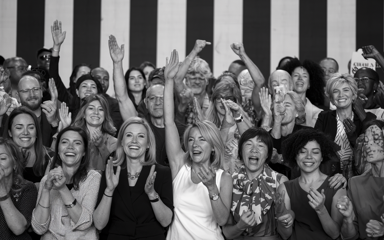 A black and white group photo of a diverse set of voters having fun.