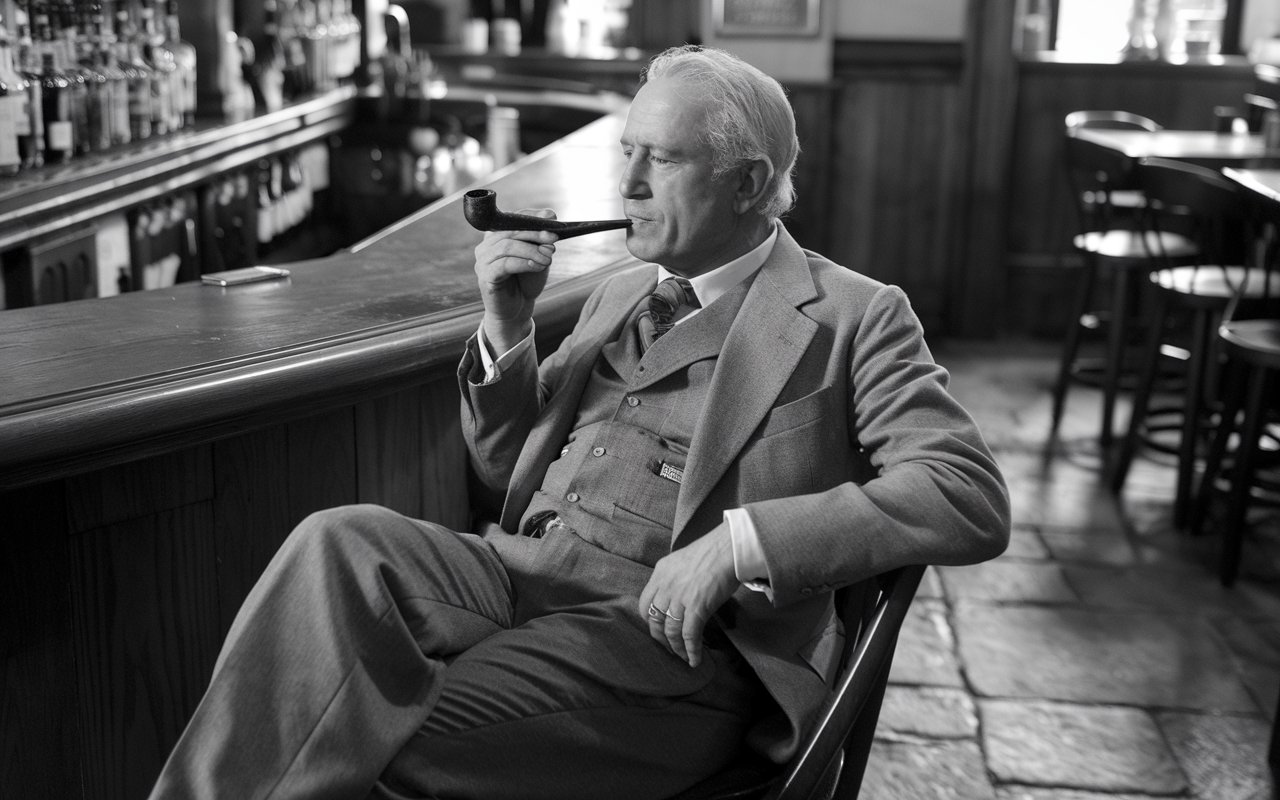 Only man sitting at a pub smoking a pipe. He is wearing a 3 piece suite.