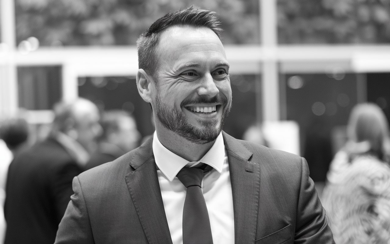Black and White Photo of a 40 something man in a dark suit with a beard.